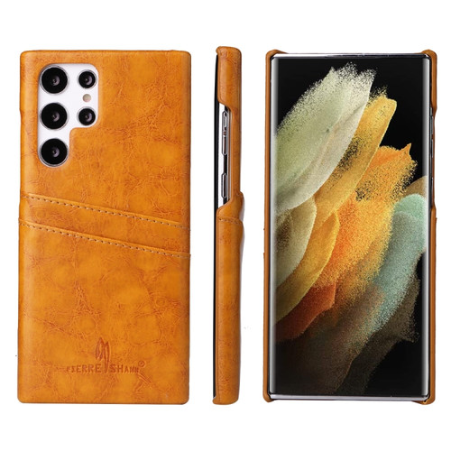 Samsung Galaxy S22 Ultra 5G Fierre Shann Retro Oil Wax Texture PU Leather Phone Case with Card Slots - Yellow